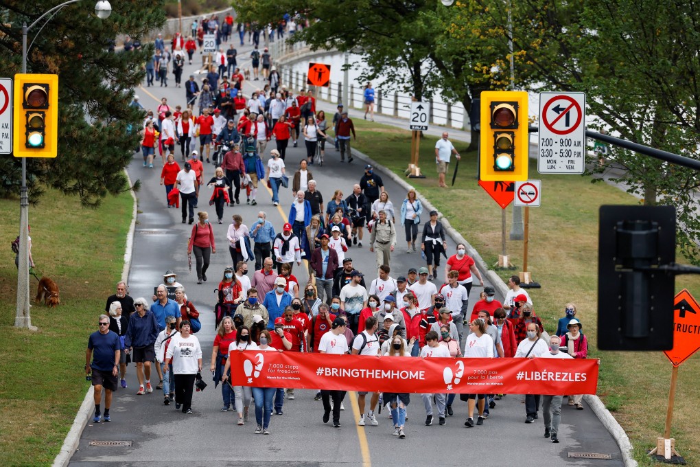 Supporters of Michael Kovrig and Michael Spavor during a protest in Ottawa, Ontario, Canada on Sunday. Photo: Reuters