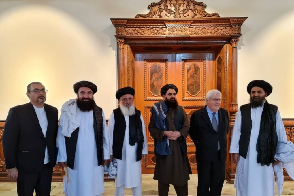 The Taliban’s Mullah Abdul Ghani Baradar and UN chief Martin Griffiths in Kabul, Afghanistan on Sunday. Photo: Social media handout via Reuters