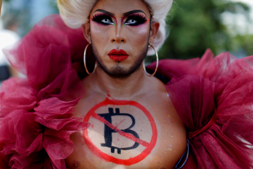 A protester takes part in a rally against the use of bitcoin as legal tender in San Salvador, El Salvador on Tuesday. Photo: Reuters