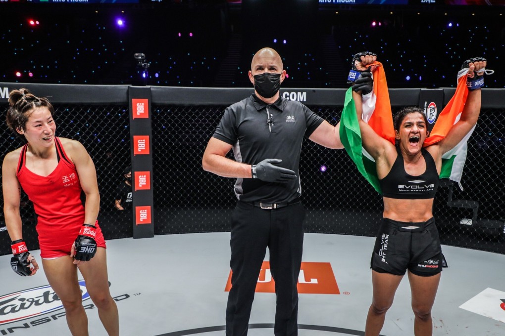 Ritu Phogat celebrates after taking a unanimous decision over Meng Bo at ONE: Empower.