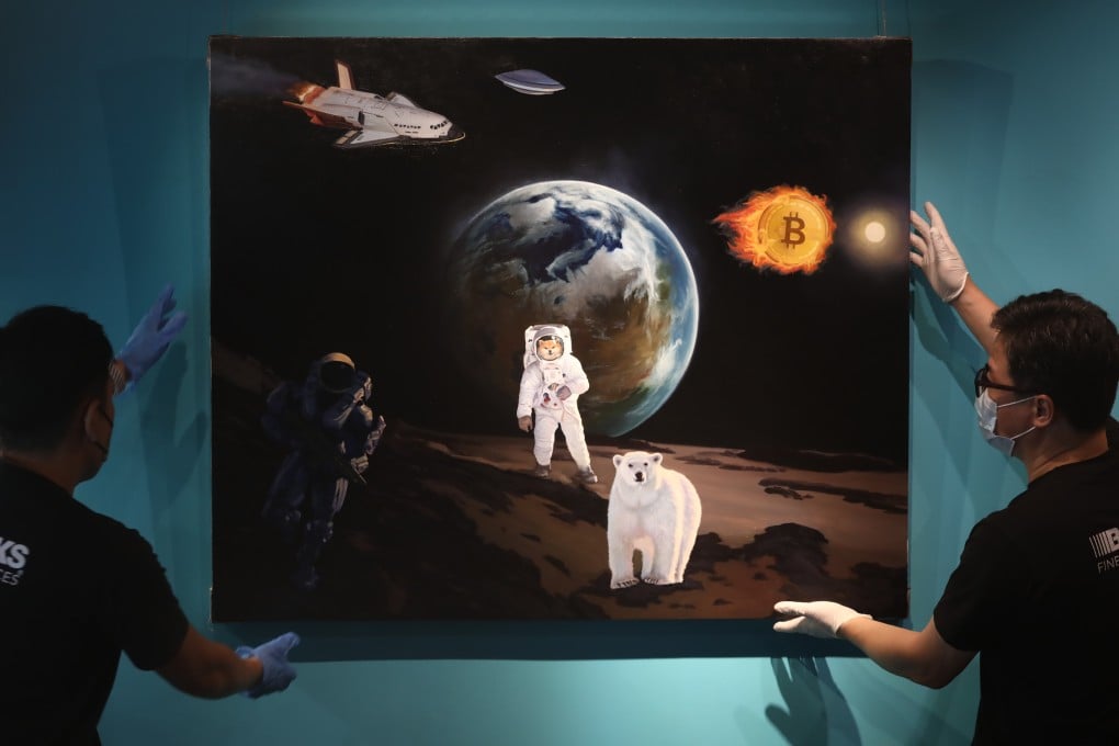 Future Has Arrived by Hunan artistic duo TAMEN, shown at Macey and Sons Auctioneers and Valuers in Hong Kong on July 23, 2021. The duo tokenised one of their physical paintings and sold an NFT together with the artwork. Photo: Jonathan Wong