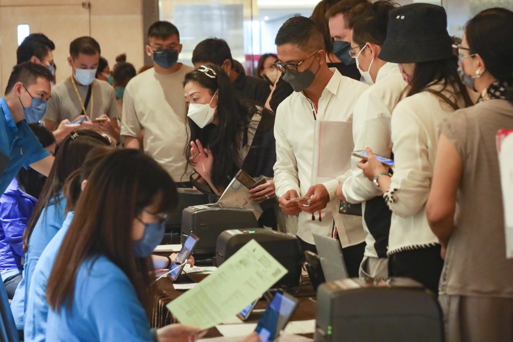 Homebuyers queuing for Kerry Properties’ La Marina residential units in Wong Chuk Hang at the developer’s sales office in Quarry Bay on 11 September 2021. Photo: Xiaomei Chen.