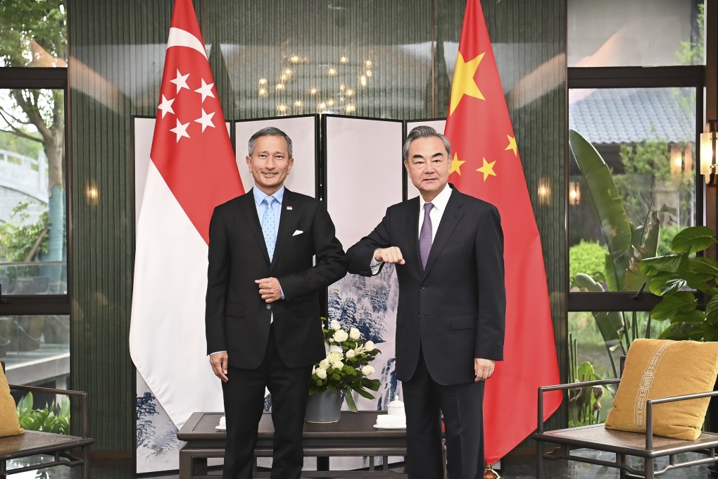 Singaporean Foreign Minister Vivian Balakrishnan (left) with his Chinese counterpart Wang Yi in March, during their meeting in the southeastern Chinese city of Nanping. Photo: AP