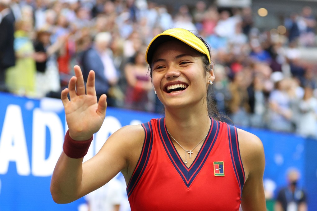 Britain’s Emma Raducanu celebrates after defeating Canada’s Leylah Annie Fernandez at the US Open in New York on Saturday. Photo: Getty Images / AFP