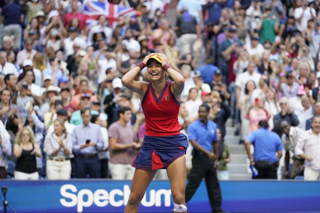 Emma Raducanu celebrates after defeating Canada’s Leylah Fernandez in the final of the US Open in New York. Photo: DPA
