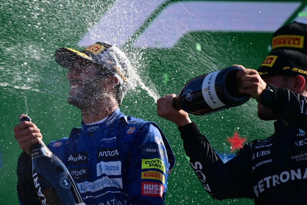 Daniel Ricciardo, left, and Valtteri Bottas celebrate during the podium ceremony after the Italian Formula One Grand Prix at the Autodromo Nazionale circuit in Monza on Sunday. Photo: AFP