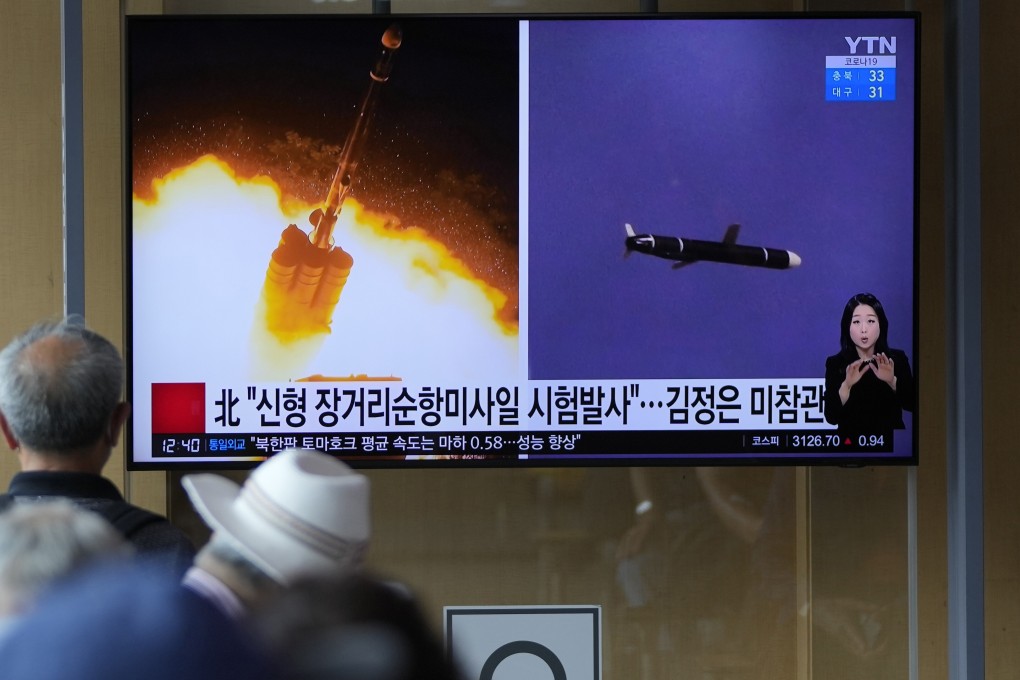 People watch a South Korean news programme reporting on North Korea’s long-range cruise missiles tests, in Seoul on September 13. Photo: AP