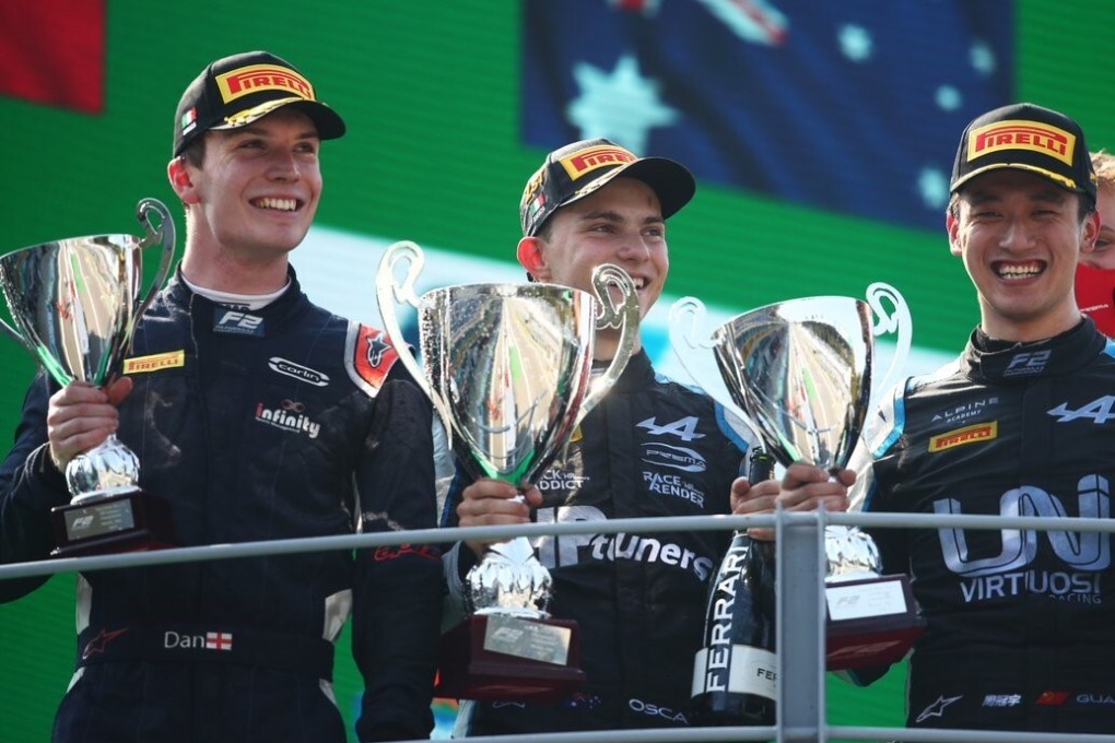 Dan Ticktum, Oscar Piastri and Zhou Guanyu celebrate on the podium after the feature race of the Formula Two 2021 Italian Grand Prix in Monza. Photo: Twitter/Formula Two
