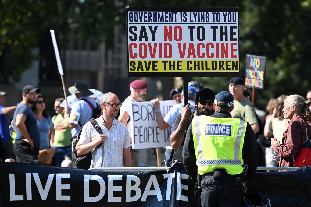 Anti-vaccination protesters in London on September 8. All children aged 12-15 will be offered Covid-19 vaccinations, the British government announced on Monday. Photo: EPA-EFE