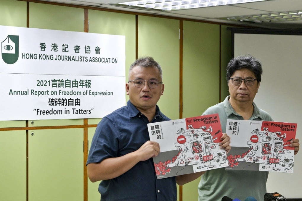 HKJA chairman Ronson Chan (left) and Chris Yeung at a press conference for the release of the group’s ‘Freedom in Tatters’ report in July. Photo: AFP