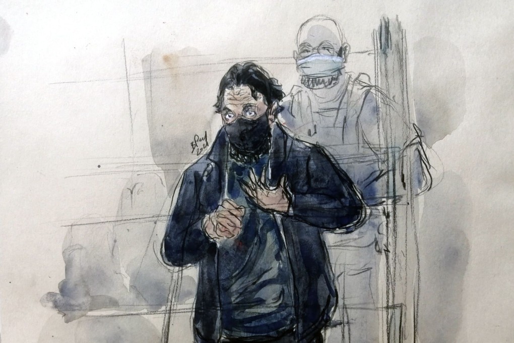 Salah Abdeslam, the prime suspect in the 2015 Paris attacks, is seen in a temporary courtroom set up at the Palais de Justice of Paris on Wednesday. Courtroom sketch: Benoit Peyrucq via AFP