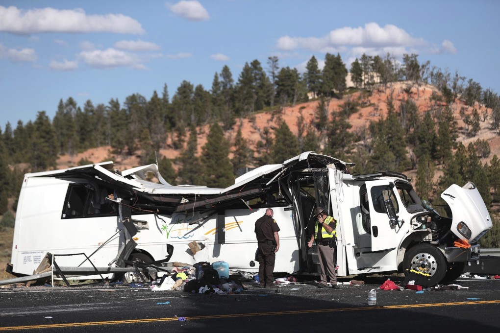 Authorities work at the scene of a tour bus crash near Bryce Canyon National Park in Utah in September 2019. Photo: The Deseret News via AP