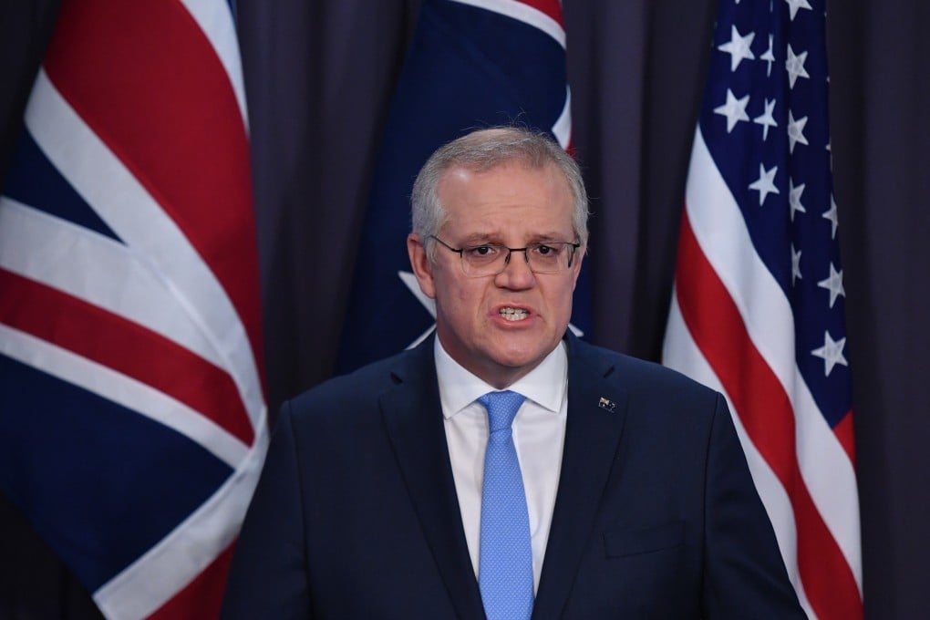 Australia’s Prime Minister Scott Morrison is seen at a press conference with the leaders of the US and UK to launch a new alliance to counter China. Photo: DPA
