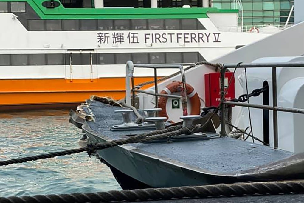 Damage sustained to the bow of the ferry can be seen after slammed into a Hong Kong pier while attempting to moor on Thursday. Photo: Facebook