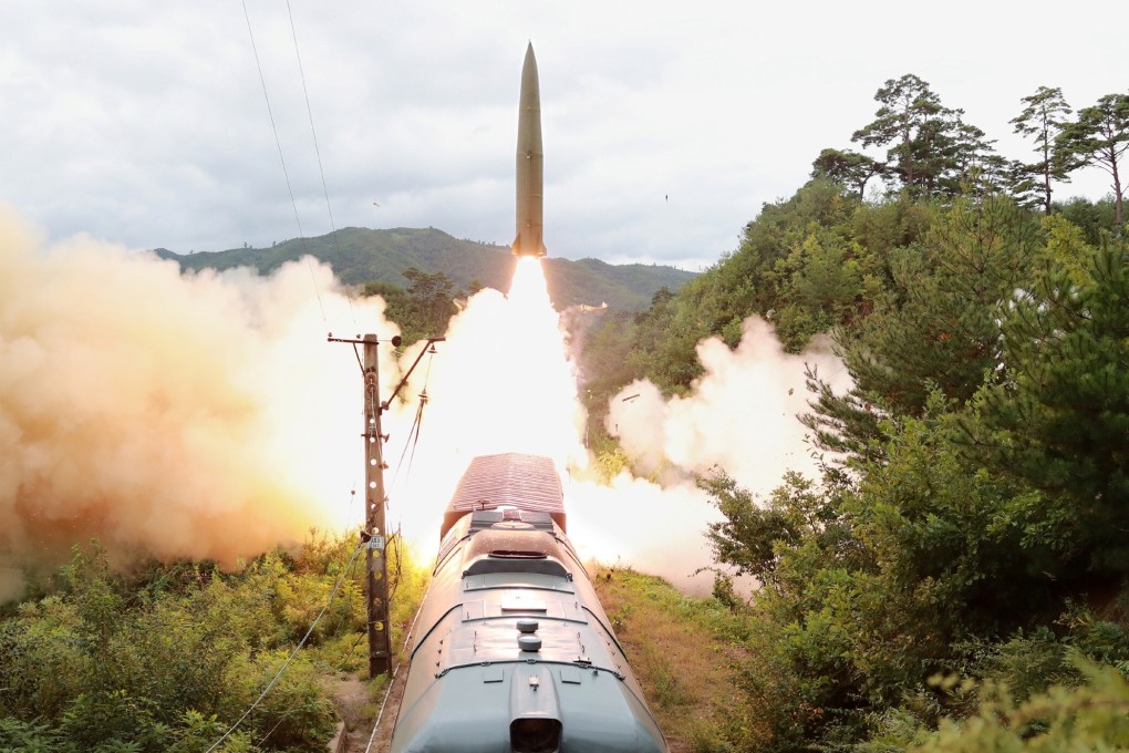 The Railway Mobile Missile Regiment conducts a launch during a drill in North Korea. Photo: KCNA via Reuters