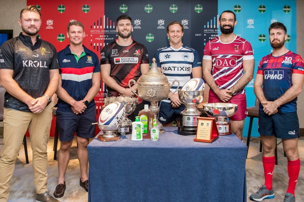 Hong Kong men's team captains and representatives at the HKRU Dettol Premiership 2021-2022 season launch at the Hong Kong Football Club in September. Photo: Ike Images