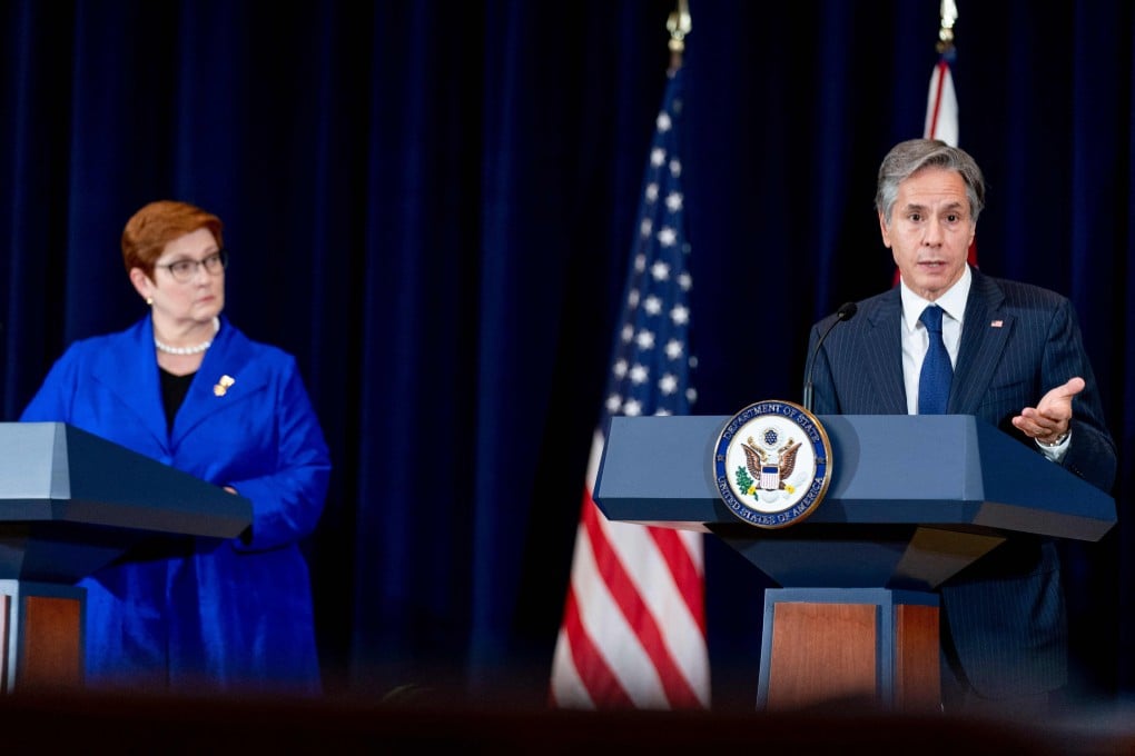 Australian Foreign Minister Marise Payne and US Secretary of State Antony Blinken address a news conference in Washington on Thursday. Photo: AFP