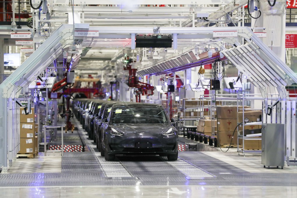 Vehicles on an assembly line at Tesla’s gigafactory in Shanghai. Photo: AP