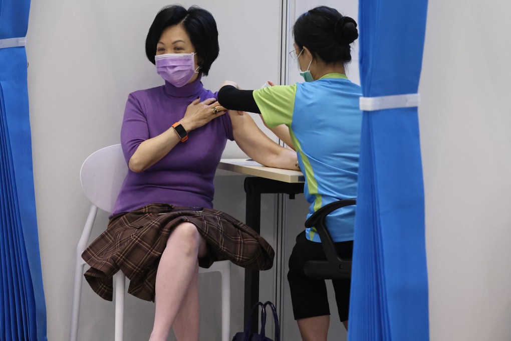 Regina Ip, a top adviser to Hong Kong’s leader, receives her second jab against Covid-19 in March. Photo: K. Y. Cheng