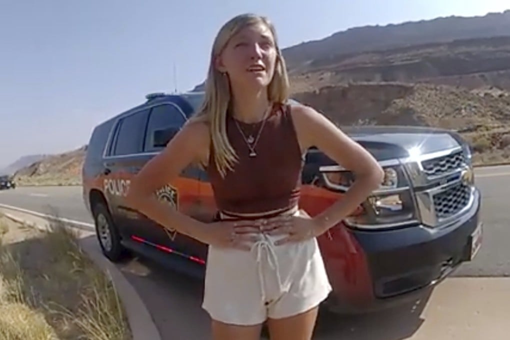 This police camera video image shows Gabrielle ‘Gabby’ Petito talking to a police officer after police pulled over the van she was travelling in with her boyfriend. Photo: AP