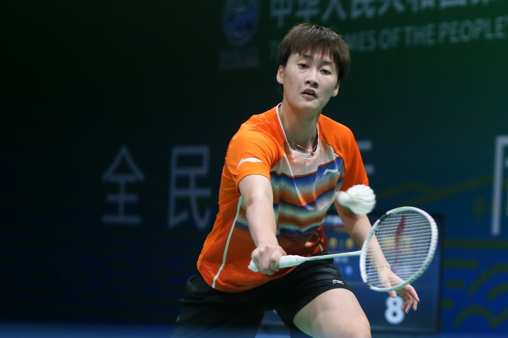 Tokyo 2020 Olympic Games gold medallist Chen Yufei of Zhejiang competes against He Bingjiao of Jiangsu in the China National Games semi-final. Photo: VCG/VCG via Getty Images