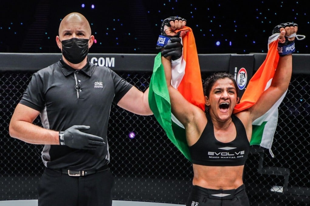 Ritu Phogat celebrates after taking a unanimous decision over Meng Bo at ONE: Empower.