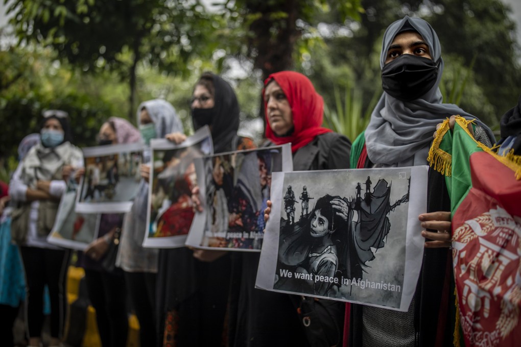 Afghan women hold a protest in New Delhi on September 16, 2021. Photo: AP