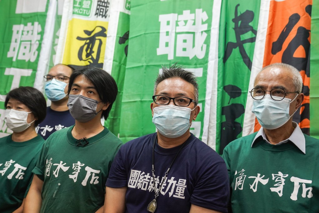 Confederation of Trade Unions’ chairman Joe Wong talks to the press at the group’s offices in Yau Ma Tei. Photo: Sam Tsang