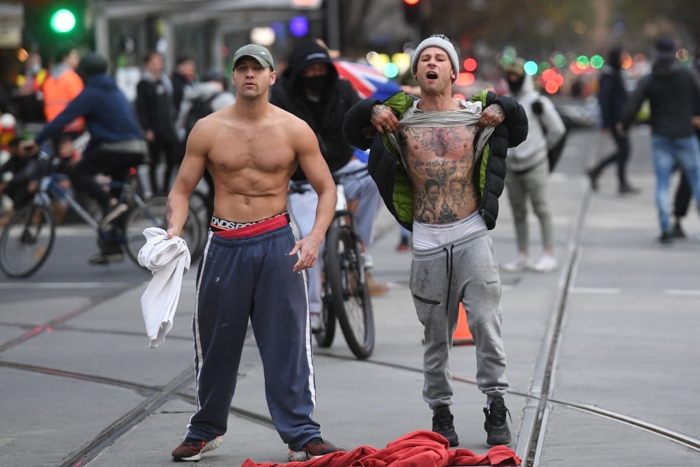 Demonstrators at a protest against Covid-19 regulations in Melbourne on September 21, 2021. Photo: AFP