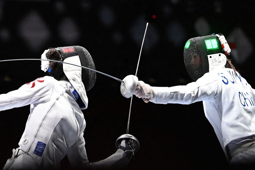 Hong Kong’s Vivian Kong Man-wai against Sun Yiwen of China in the team épée at the Tokyo 2020 Olympic Games in the Makuhari Messe Hall in July. Photo: AFP