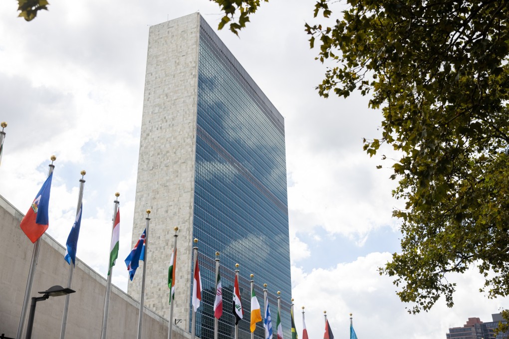 International flags fly outside the United Nations headquarters in New York on Monday. Photo: Bloomberg
