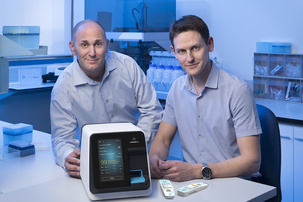 Eran Eden, (right) co-founder and CEO of MeMed and Kfir Oved, co-founder and CTO, with their company’s MeMed BV blood test kit. Photo: Handout
