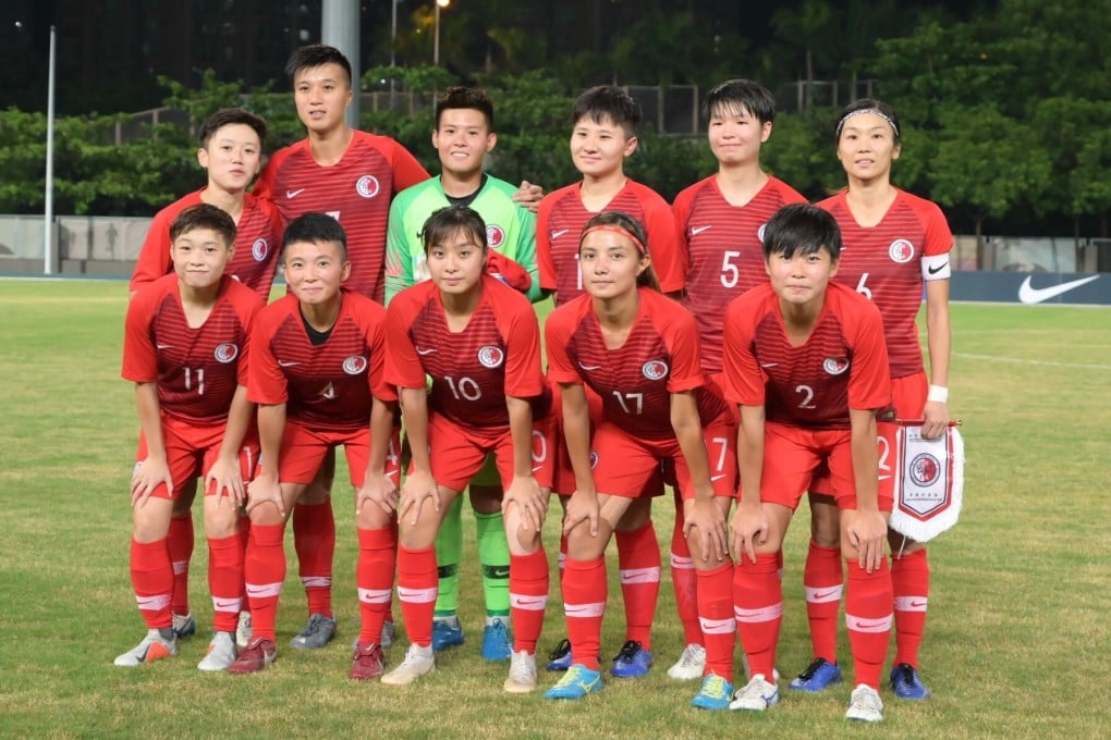 The Hong Kong women's representative football team line-up ahead of playing the Philippines at Tseung Kwan O in September, 2019. Photo: HKFA