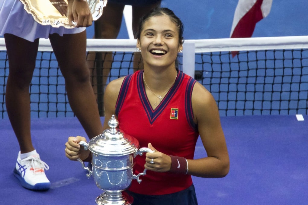 British tennis player Emma Raducanu at the awarding ceremony after the 2021 US Open women's singles final against Leylah Fernandez of Canada. Photo: Xinhua