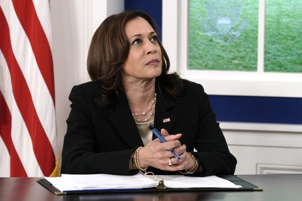 US Vice-President Kamala Harris takes part in a virtual Covid-19 summit from the South Court Auditorium at the White House on Wednesday. Photo: TNS