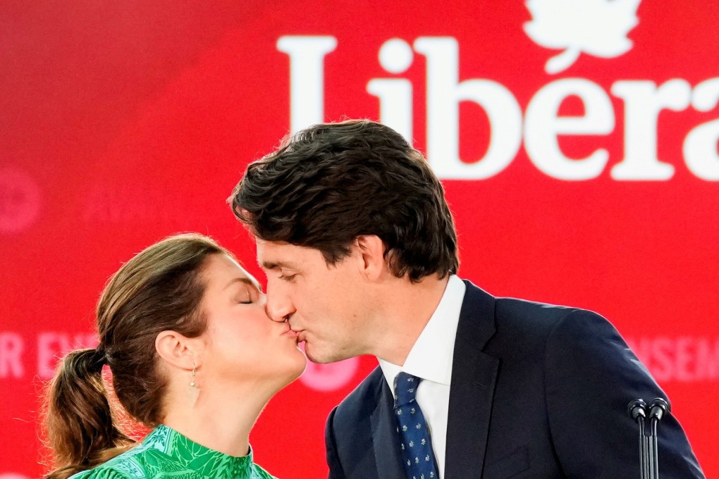 Canada's Prime Minister Justin Trudeau kisses his wife Sophie Gregoire during the Liberal election night party in Montreal, Quebec. Photo: Reuters