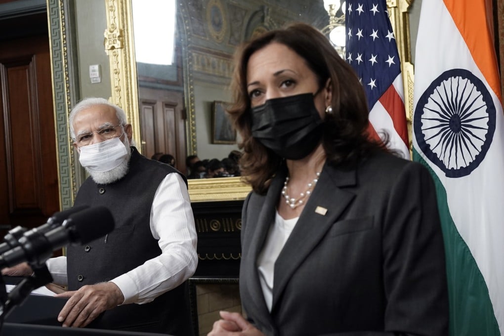 Indian Prime Minister Narendra Modi and US Vice-President Kamala Harris speak to members of the media before their meeting in Washington on September 23. Photo: EPA-EFE