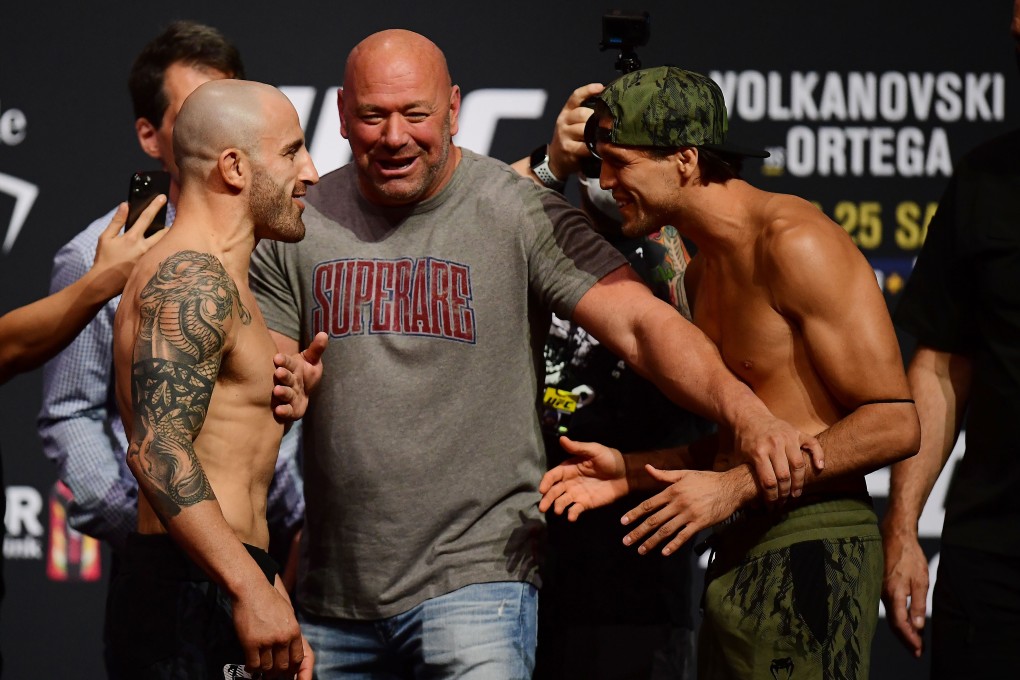 Alex Volkanovski and Brian Ortega meet face to face as UFC president Dana White separates them during weigh-ins for UFC 266. Photo: USA TODAY Sports