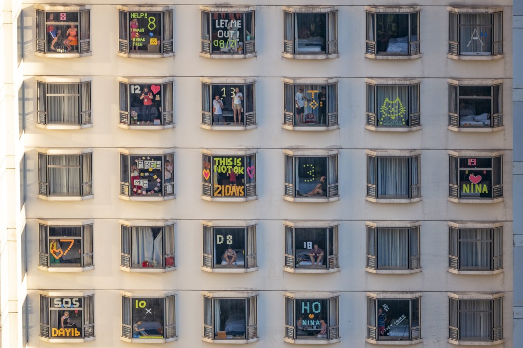 Quarantined guests at a hotel in Aberdeen have tried to inject a little cheer into the monotony of isolation. Photo: Jeremy H Greenberg