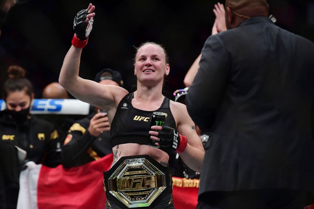 Valentina Shevchenko celebrates her TKO victory and title defence against Lauren Murphy at UFC 266. Photos: USA Today