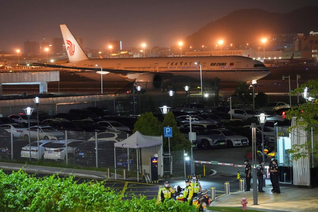 Meng Wanzhou’s chartered Air China flight is seen parked on the tarmac at Shenzhen’s airport on Saturday night. Photo: Reuters
