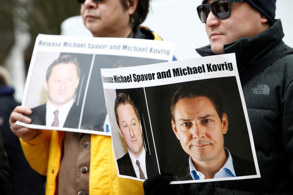 Protesters outside an extradition hearing for Huawei Technologies executive Meng Wanzhou in Vancouver in 2019 calling for China to release Canadian detainees Michael Spavor and Michael Kovrig. Photo: Reuters