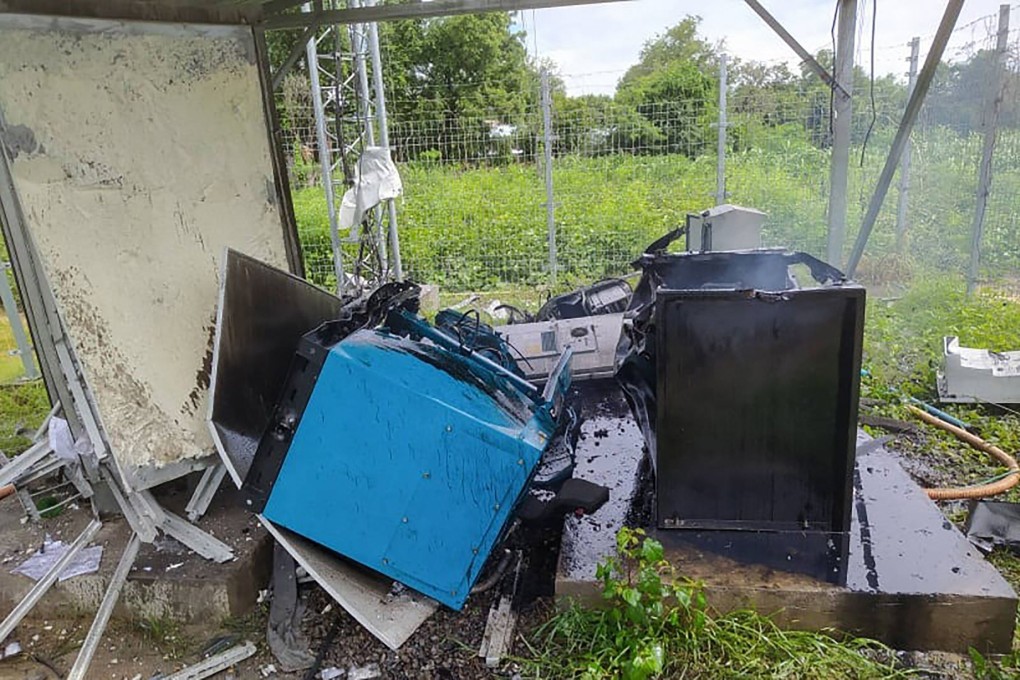 Parts of a destroyed communications tower belonging to the military-owned Mytel telecommunications company, which was damaged by protesters against the military coup. Photo: AFP