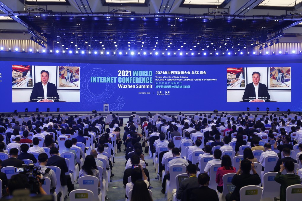 Tesla CEO Elon Musk addresses the opening ceremony of the 2021 World Internet Conference in Wuzhen on September 26. Photo: Xinhua