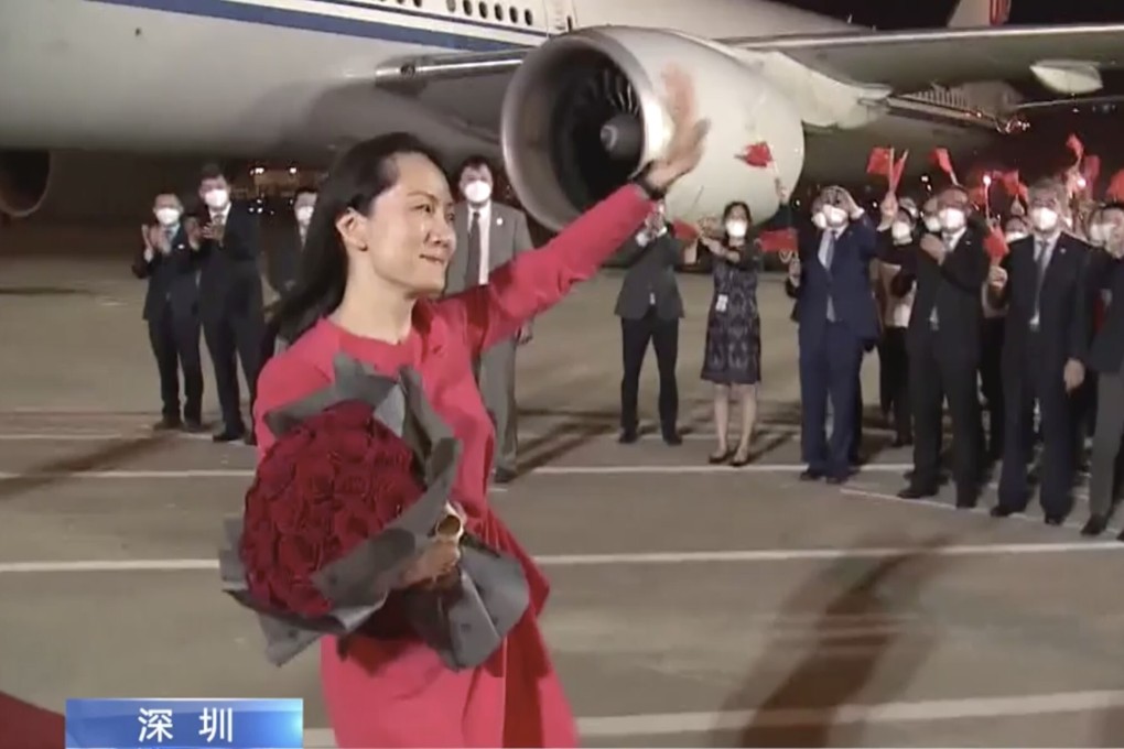A teary-eyed Meng Wanzhou arrives back in Shenzhen on Saturday evening. Photo: CCTV