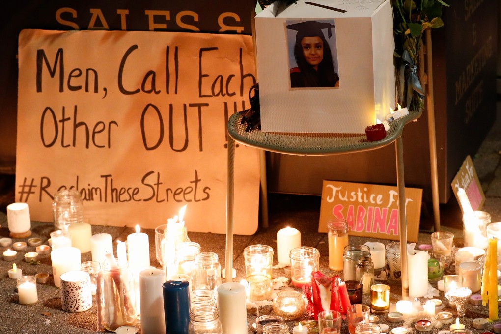 A makeshift memorial is seen during a vigil in memory of Sabina Nessa, a teacher who was murdered in Pegler Square in London. Photo: Reuters