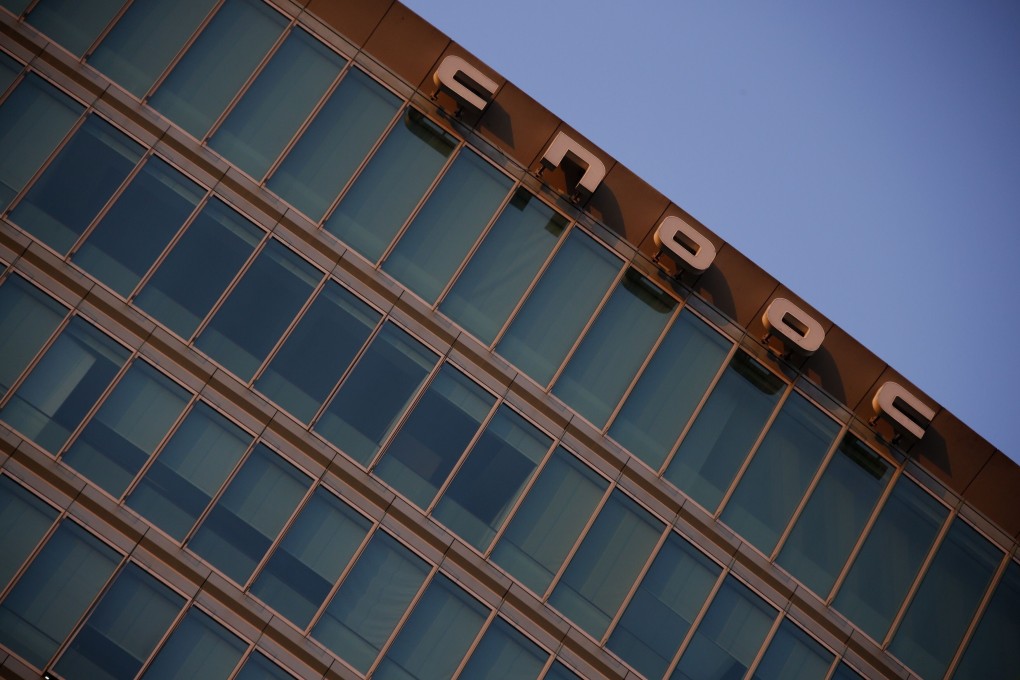 The China National Offshore Oil Corp logo is seen at the top of its headquarters in Beijing. Photo: Reuters