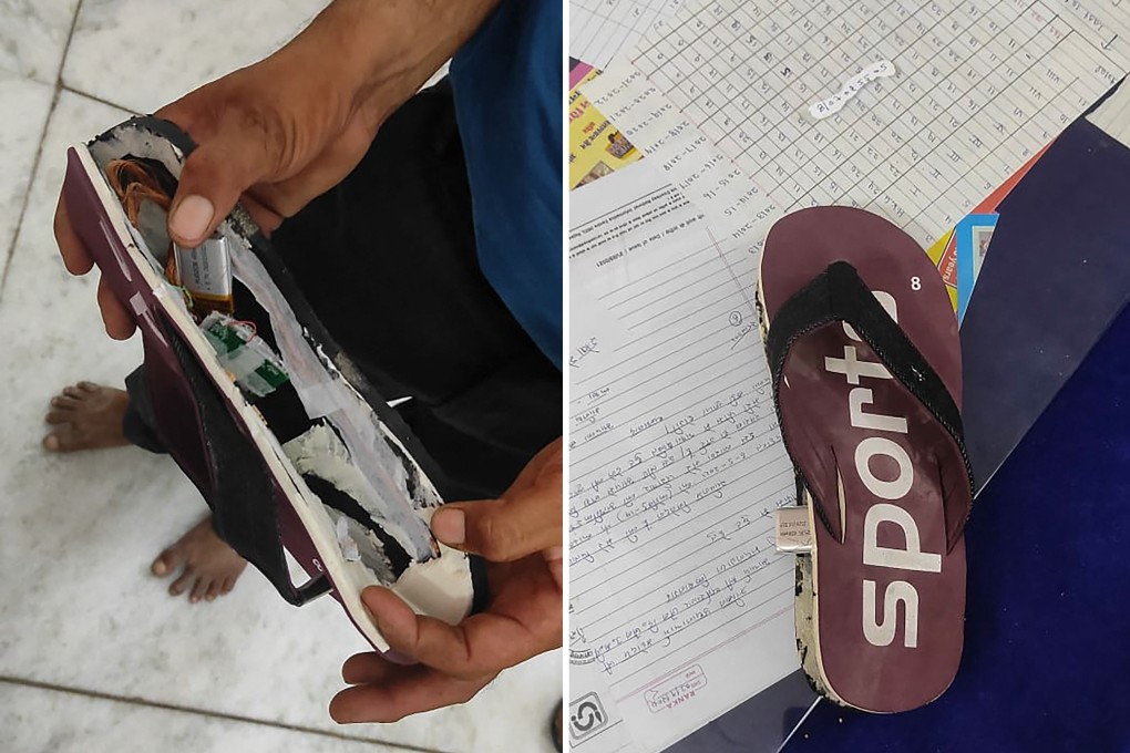 A slipper with a concealed Bluetooth device confiscated by police. Photo: AFP