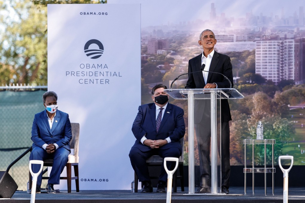 Former US President Barack Obama speaks during a groundbreaking ceremony for the Obama Presidential Centre at Jackson Park in Chicago, Illinois on Tuesday. Photo: AFP