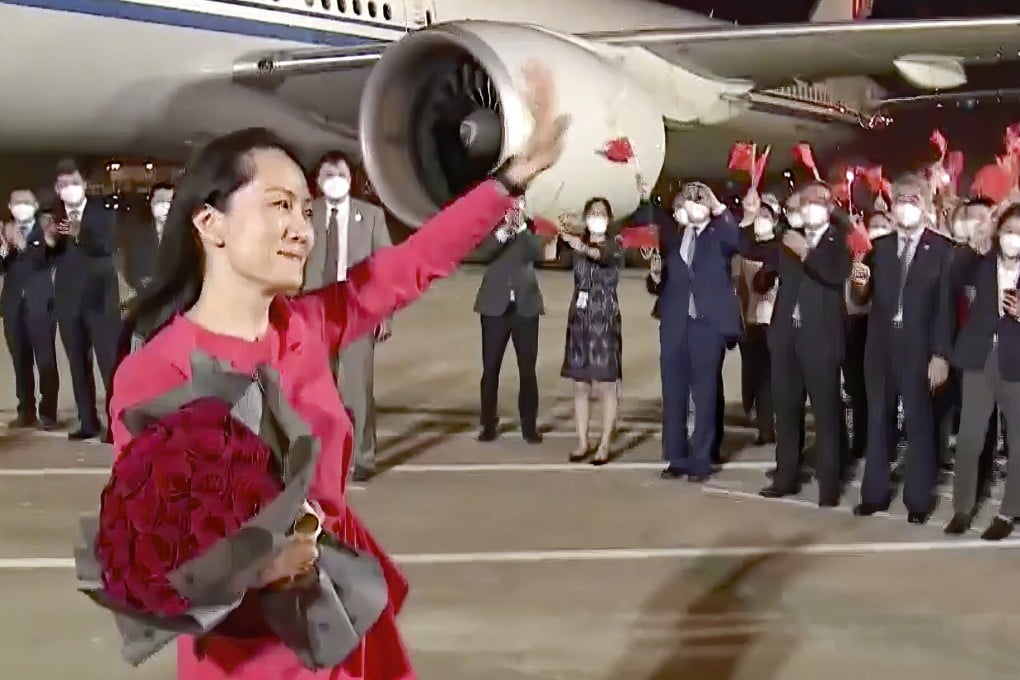 Huawei Technologies executive Meng Wanzhou lands at the international airport of Shenzhen on Saturday. Photo: CCTV